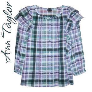 ANN TAYLOR Plaid Ruffle Shoulder Button Down Shirt Top Women’s LP NWOT